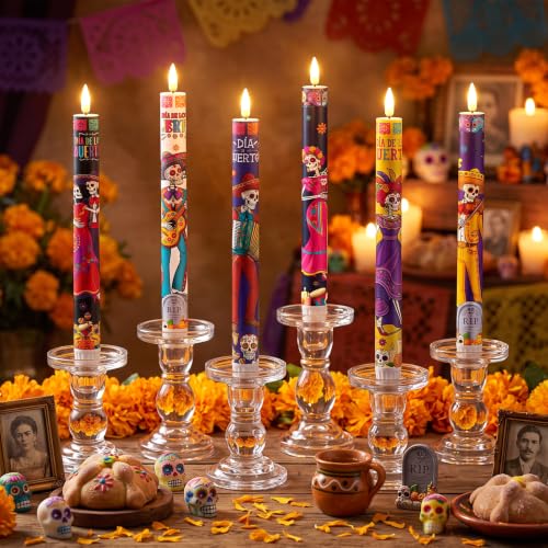 Image of 6 Pack Dia De Los Muertos LED Flameless Taper Candles with Remote, Sugar Skull Skeleton Battery Operated Candles Mexican, Day of the Dead Decorative Candle for Altar Table Home Party Decor