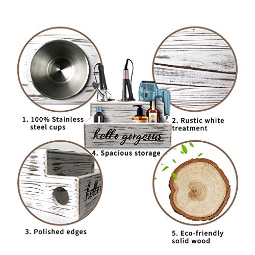 Unistyle Rustic Hair Dryer Holder Hair Tools and Styling Supplies Organizer Wooden Storage for Vanity and Bathroom Rustic White Elegant Design Vanity Caddy for Accessories, Makeup, Toiletries