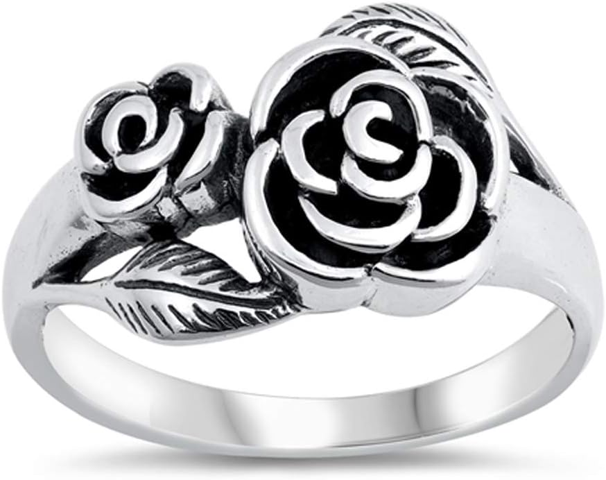 Oxidized Rose Leaf Flower Filigree Floral Ring Sterling Silver Band Sizes 5-10