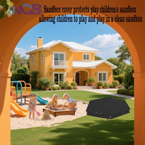 Image of Outdoor Hexagonal Sandbox Cover with Two Night-Vision Reflective Handles and 5-Meter Webbing Loops, Featuring an Elastic Drawstring at The Bottom. Suitable for sandboxes up to 60 inchL x 52 inchW x 9 inch H.