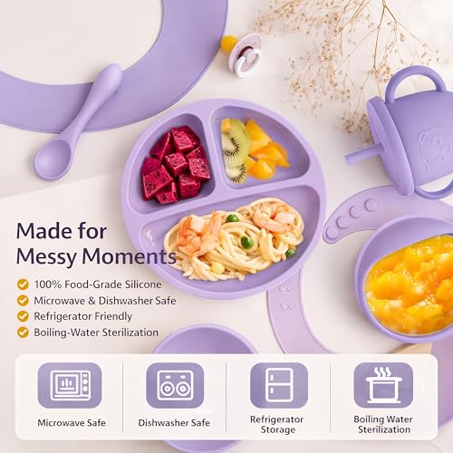 Image of 10 Pcs Silicone Baby Feeding Set for Toddlers 6+ Months | Baby Led Weaning Self Feeding Kit | Suction Plate & Bowl, Bib, Cup, Spoon & Fork, Fruit Feeder, Finger Brush | FDA | Ebook (Lavender)