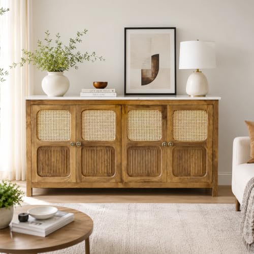 Image of The Attic Crestwood Solid Wood Sideboard Cabinet with Cane Doors | Storage & Display Cabinet for Living Room & Dining Room | Handcrafted Mango Wood, Light Teak Finish