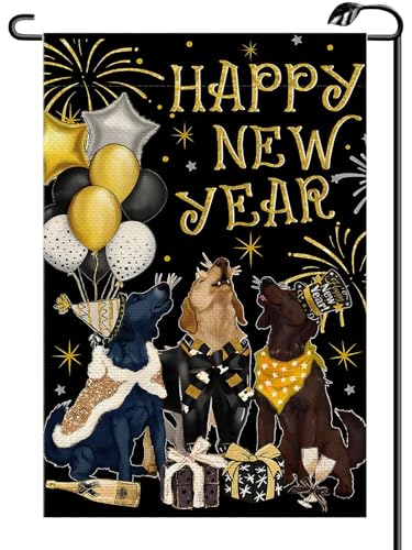 Dogs Happy New Year Garden Flag 12x18 Inch Vertical Double Sided Winter Fireworks Balloon Small Flags Farmhouse Outside Decoration For Yard XN01