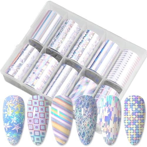 JERCLITY 10 Rolls Laser Silver Nail Foil Transfer Sticker Kit Holographic Nail Foil Sheets Silver Foil Nail Art Decals Laser Nail Foil Transfer Stickers Foil Nail Wraps for Foil Nail Art