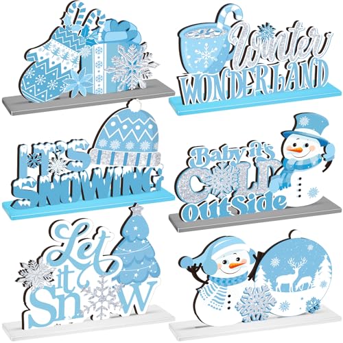 Wonderjune 6 Pcs Winter Table Decorations Snowflake Snowman Wooden Centerpieces Wonderland Decor for Theme Party Winter It's Snow Theme Christmas Birthday Baby is Cold Outside Party Supplies (Blue)