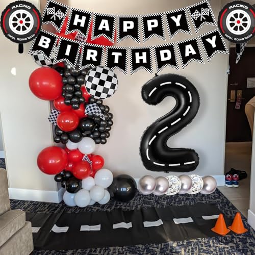 Race Car Birthday Party Decorations, with 40 Inch Racetrack Black Number 2 Balloon, Happy Birthday Banner and Foil Tire Balloon for 2nd Racing Theme Birthday Party Decor by Chlororixia - Used condition - Image 3