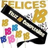 banda 1800 españa Feliz 18 Cumpleaños (Nº18 purpurina volumen en dorado) texto Blanco con perfil dorado de purpurina
