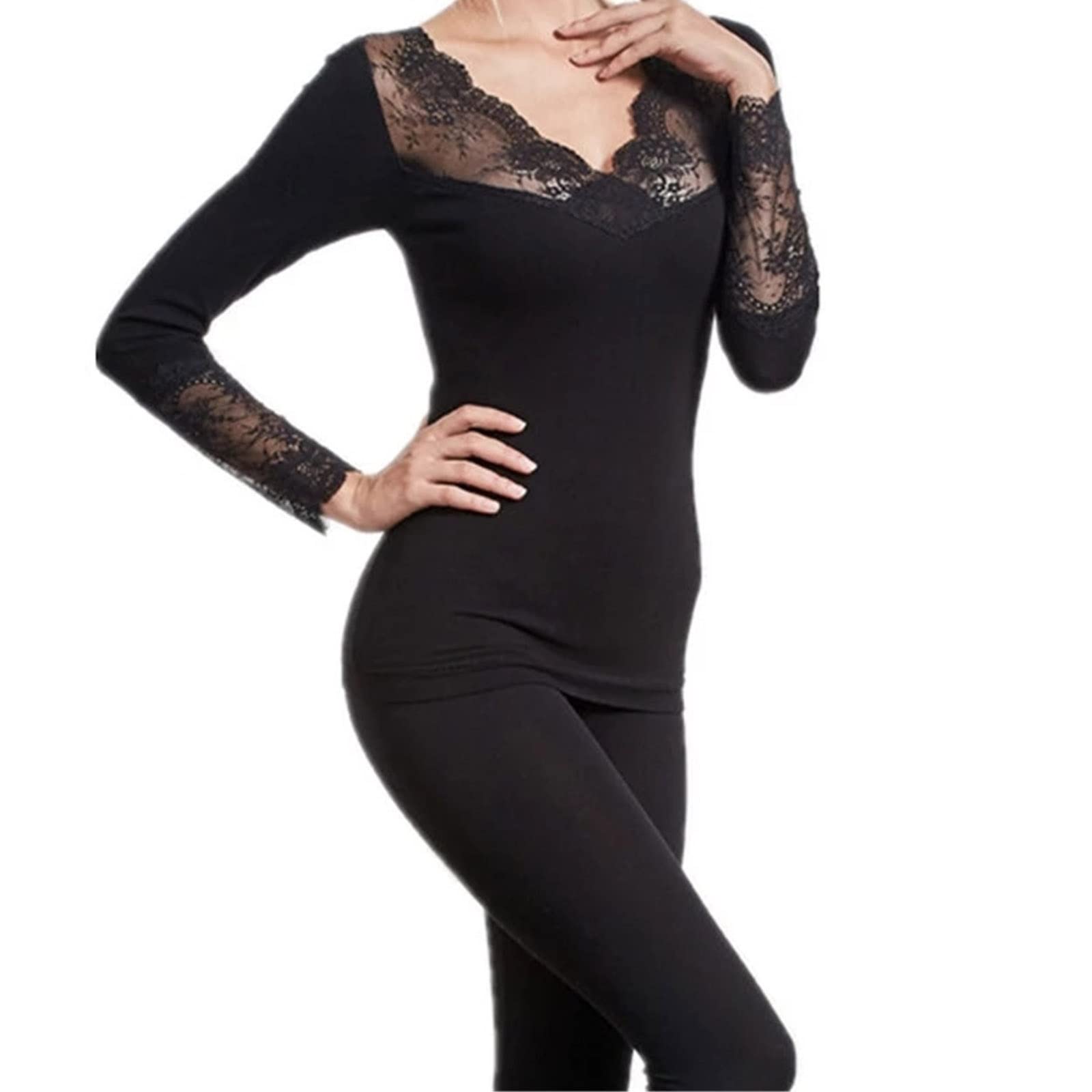 ACiyD Ropa Interior térmica para Mujer, Top de Invierno con Cuello en V, Ropa Interior térmica de Encaje, Conjuntos de Calzoncillos Transpirables elásticos para Mujer, Invierno (Talla única Negra)