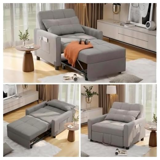 Convertible Sleeper Sofa Chair Bed, 3-in-1 Single Convertible Chair Bed, Adjustable Chair with Pillow and Pocket, Multi-Functional Sleeper Chair with Modern Linen Fabric for Apartment, Light Gray