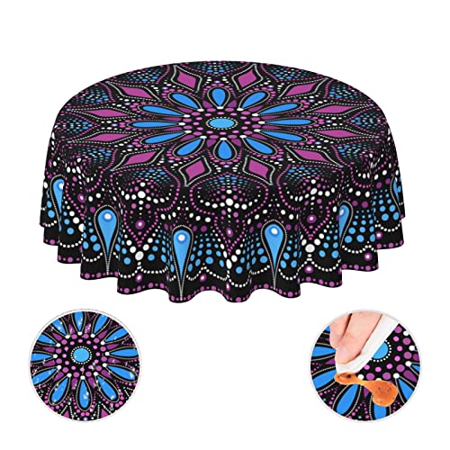 YETTA YANG Mandala Purple and Blue Waterproof Picnic Patio Party Round Table Cloth Cover Decorations Fabric 60 Inch Circular Tablecloth for 20-47 Inch Home Dining Room Kitchen Decor