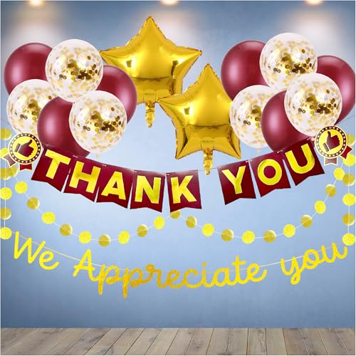 We appreciate you Banner Thank you Banner Decorations Set - Thankful Balloons Gold Garland for Happy Boss Day Office party Teacher Staff Pastor Medical Nurse Truck Driver Volunteer, Burgundy Red
