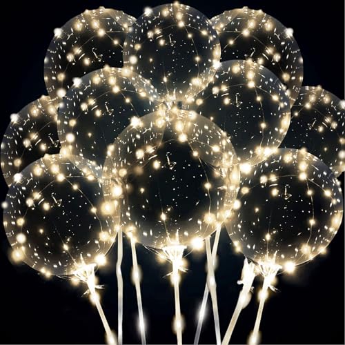 Decoración, Toy Paquete de 10 Globos LED Bobo con Palo y Bomba, Globos de Luz LED Transparente,Globos Transparentes de Helio de 20 Pulgadas,Globos de Burbujas Brillantes de...