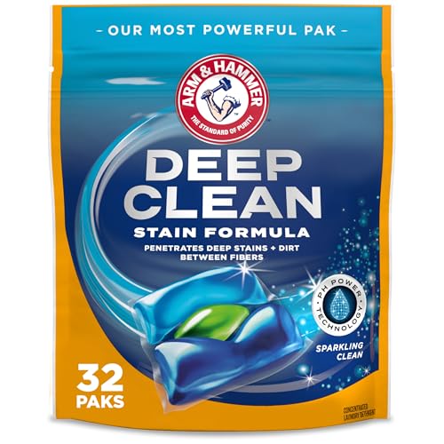 ARM & HAMMER Deep Clean Stain Formula Laundry Detergent Power Paks, Sparkling Clean Scent, 32 Count, 32 Loads