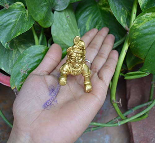 Brass Makhan Chor Laddoo Gopal Baby Krishna Kishan Thakurji Murti Statue ~ Infant Rare Lord Bal Gopal Religious Strength God Janmashtami Home Puja Sculpture Idol (Brass Laddoo Gopal Idol 2.25" inch)