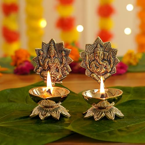 Image of Behoma 100% Pure Brass Lakshmi Ganesh Diya for Puja | Laxmi Ganesh Samridhi Deepak for Pooja Room, Tample, Mandir, Office, Deep for Home Decoration