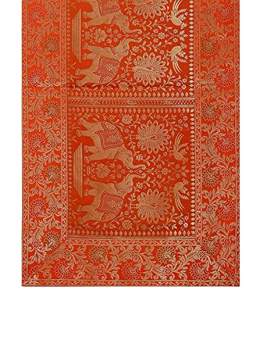 Image of E-Ezra Silk Banarsi Brocade Traditional Table Runner for Dining Table 4 & 6 Seater Table Cloth Rectangle Coffee Table Cloth / 152 cm (Orange)