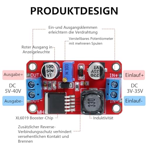5 pcs XL6019 Step Up Converter, Einstellbare DC-DC-Boost-Leistungsmodule, 3-35V bis 5-40V, DC-DC Step Up Boost Power Modul,Boost-Modul Booster