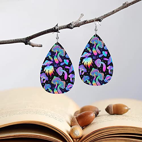 Zthll Faux Leather Teardrop Earrings For Women,Magic Mushrooms Pattern Western Earrings For Girls Gift Drop Lightweight Dangle Earrings #TOP4