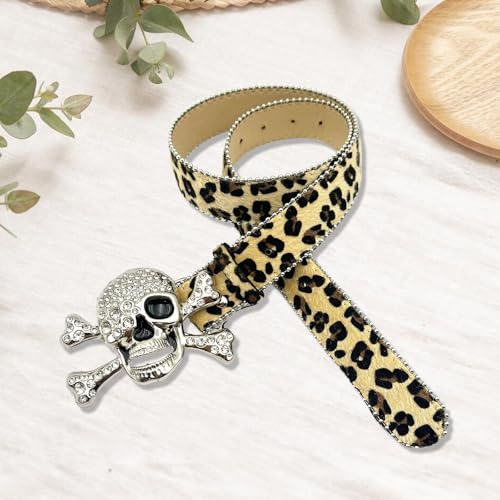 Waist Belt,Popular Rhinestones Skull Buckle Belt for Pants Animal Print Horsehair Belt for Pants Adult Unisex Waist Decoration4