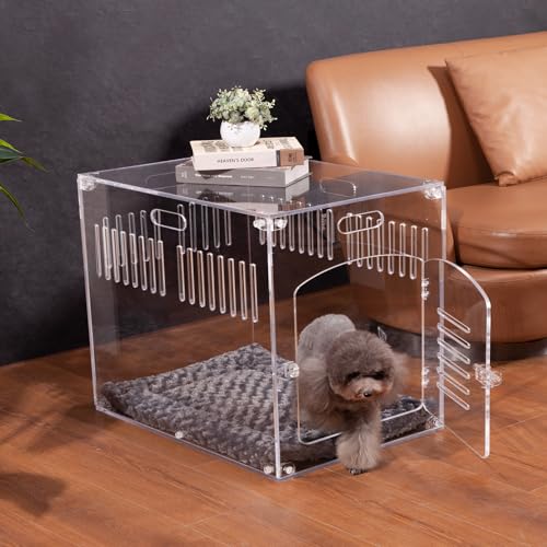Feoyoho Modern Clear Acrylic Dog Crate Furniture with Cushion, Secure Indoor Kennel for Medium & Small Dogs, 27.5' L Side End Table Dog Cage with Latch Lock