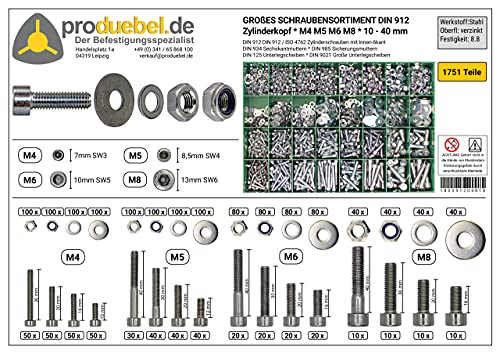 Großes Schrauben-Sortiment DIN 912 Zylinderkopf M4/M5/M6/M8 Stahl verzinkt 8.8 (DIN912+934+985+125+9021) 1751-tlg (Standard-Box)