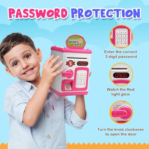 Image of Piggy Bank Toy for Kids and Adults - Gullak Money Safe with Number Password and Touch Sensor - Money Saving Mini ATM Toy with Lights and Sound (Pink -White)