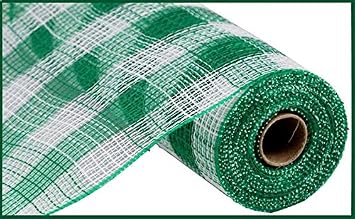 Small Check Faux Jute Deco Mesh, Emerald, White - 10.5 Inch x 10 Yards 30 Feet