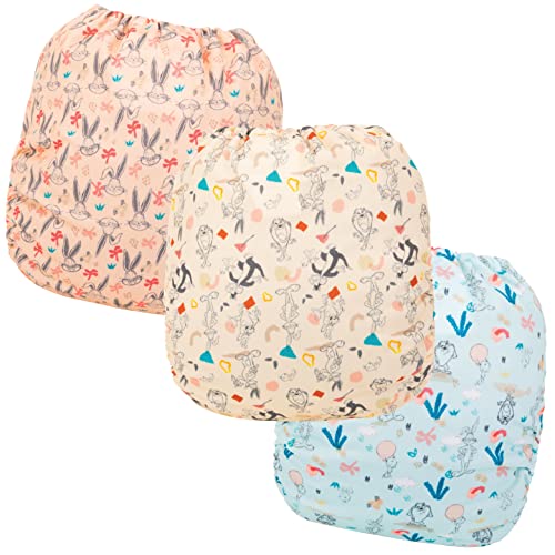Image of Simple Being Reusable Baby Cloth Diapers Adjustable Size, Double Gusset, Waterproof Cover, 3 Pack with 3 Inserts Looney Tunes (Tropics)