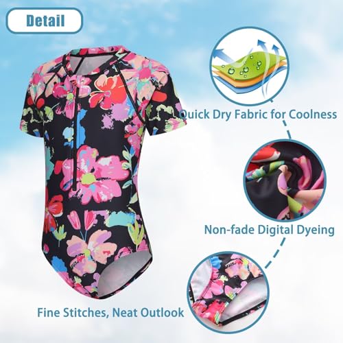 Image of Girls One Piece Rash Guard Swimsuits for Kids Girls Short Sleeve Bathing Suits with Front Zipper Swimwear 3-16 Years