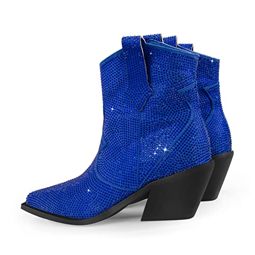 Onlymaker Women's Rhinestone Cowboy Ankle Boots Chunky Block Heel Studded Pull Up Pointed Toe Cowgirl Western Booties Blue Size 8 #TOP3