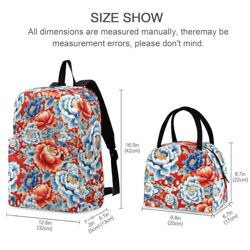 Backpack Lunch Bag Set Chinese Floral Pattern Print, Big Storage Travel Backpacks with Insulated Lunch Box for Office Hiking Picnic2
