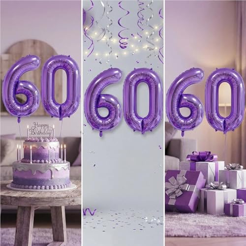 Image of Number Balloons for Birthday Decorations - 40 Inch Large Party Balloons 60, Purple Foil Number Balloons for Boys Girls, Balloons for Party Supplies