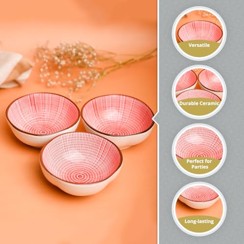 Image of MARKET 99 Ceramic Red Katori Bowl Set of 3 (100ml) | Small Chutney & Dip Bowls for Sauces, Pickles & Condiments | Mini Serving Bowls Set for Dining Table | Stylish Dessert & Snack Bowls
