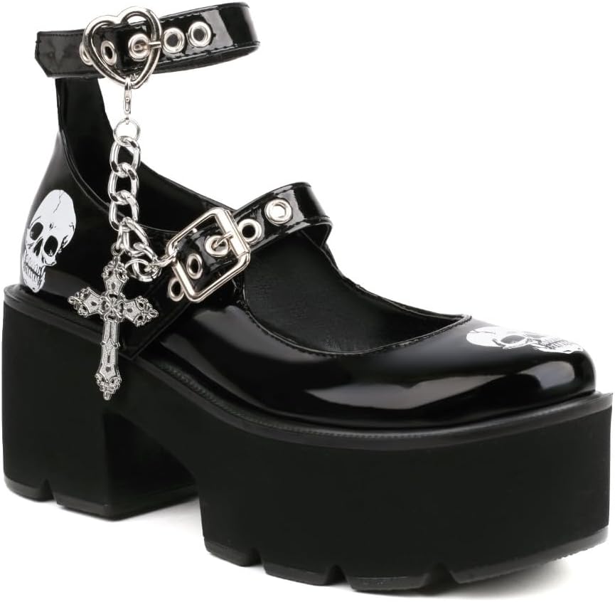 Gothic Mary Jane Shoes with Detachable Cross & Skull Charms Punk Platform Lolita Boots Dark Aesthetic Vintage Chunky Sole Unique Gift for Women