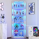 VOWNER Eckvitrine mit gehärtetem Glas, 205cm Höhe Eck Vitrinenschrank mit LED Beleuchtung für Sammlerstücke, Hohe Glasvitrine mit Smart Human Sensor für Wohnzimmer & Büro (Weiß, 5 Regalböden)