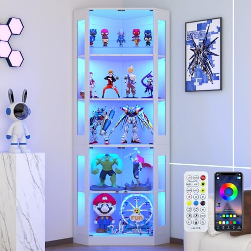 VOWNER Eckvitrine mit gehärtetem Glas, 205cm Höhe Eck Vitrinenschrank mit LED Beleuchtung für Sammlerstücke, Hohe Glasvitrine mit Smart Human Sensor für Wohnzimmer & Büro (Weiß, 5 Regalböden)