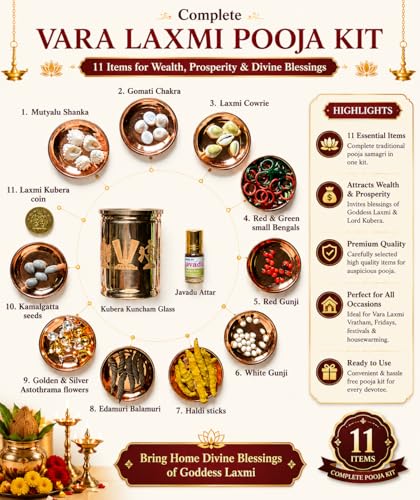 JaiRaj Collections Complete Vara Laxmi Pooja Kit, 11 Items with 5 Pieces Each, Kubera Kuncham Glass 8.89 cm, Laxmi Kubera Coin, Javadu Attar, for Festival and Vratham thumbnail 8