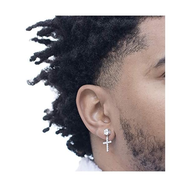 Mens Cross Drop Hanging Sterling Silver Cz Iced Stud Dangle Hoop Earrings - Image 3