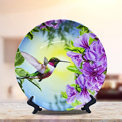 ALALAL 10 inch Bird Hummingbird Pink&Purple Flowers Decorative Plate Decorative Ceramic Plates Home Wobble-Plate with Display Stand Decoration Household Plates Decorative