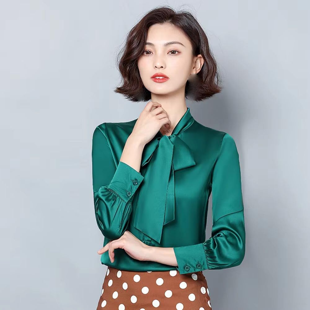 Women's Elegant Long Sleeve Blouse with Bow Collar Office Top White Satin Blouse