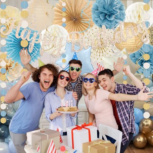 Image of Dusty Blue Beige Champagne Women Birthday Decorations, Boho Neutral Boys Girls Blue Party Decor With Fog Cream Gold Balloons,Happy Banner Garland,Paper Lanterns, Honeycomb Tissue Pom Poms For Adults
