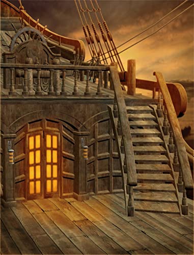 Corfoto N2-TRAVEL-40-57 5X7Ft Pirate Ship Deck Backdrop Vintage Sailboat Photography Background Nautical Wooden Battleship Photoshoot Cruise Boys Kids Birthday Party Halloween Pirate Decorations Photo Booth Props cover