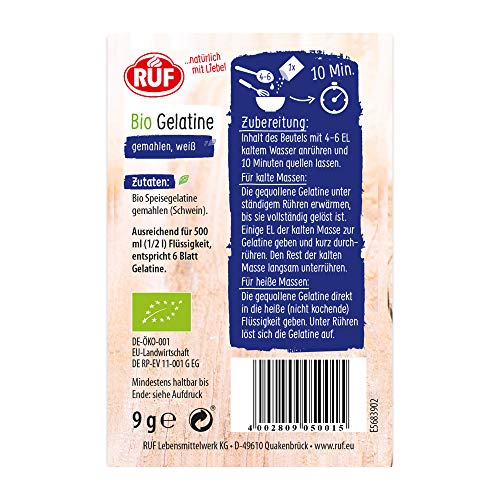 RUF Bio Gelatine gemahlen, extra Gold Qualität, Gelatine vom Schwein aus kontrolliert biologischen Anbau, 1 Beutel entspricht 6 Blatt Gelatine, glutenfrei, 3x9g