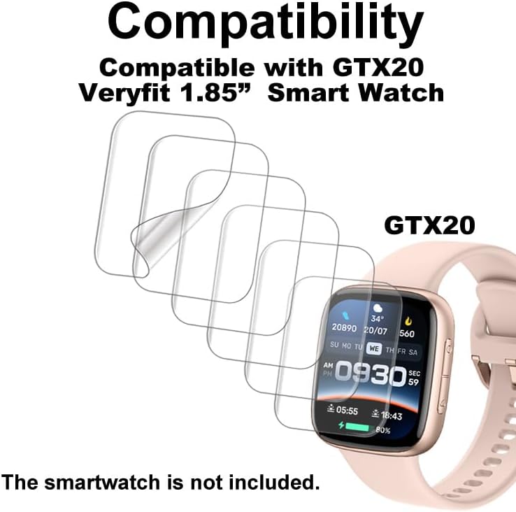 6-PACK Screen Protector Compatible with ENOMIR antfit Tensky VERYFIT GTX20 1.85” Fitness Tracker Smart Watch, Soft TPU, Full Coverage, Bubble Self-healing, with Non-Slip Pad Sticker image 4