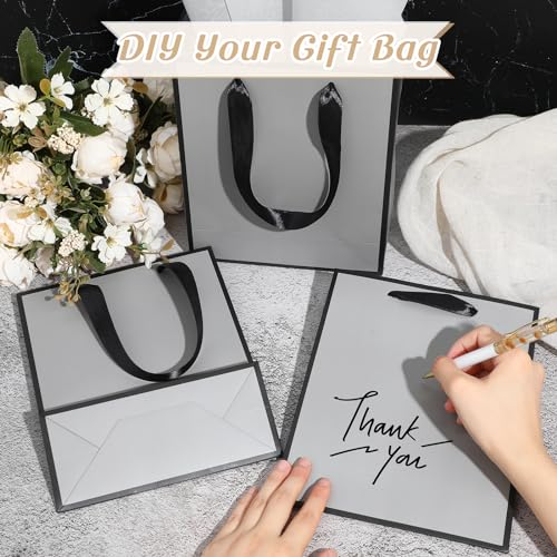 Image of Yeaqee 24 Pack Metallic Paper Gift Bag with Tissue, Gray, Black | with Satin Ribbon Handle and Tissue, 9x7x3.1 Inch, Suit Business, Birthday, Christmas, Thank You Return Gifts Bags