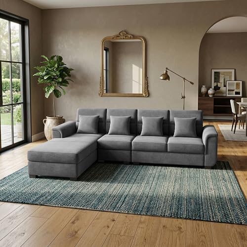 Image of Wood 6 Seater Sofa Set | Velvet Fabric Upholstery | Modern Wooden Frame Sectional Couch with Cushions for Living Room, Home & Office (Grey)