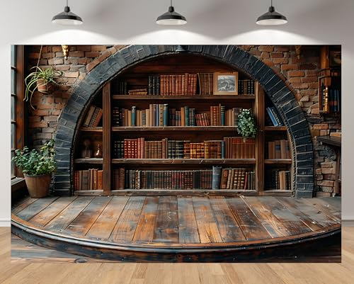 MAEQLQLM 7x5ft Vintage Library Backdrop Brick Arch Bookshelf Old Books Wooden Floor Rustic Greenery Background for Book Themed Party Literary Birthday Study Event Decor Photo Studio Booth Props