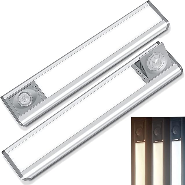 CYSNOAYA Cupboard Lights,2 Pack 74 LED Closet Light,Magnetic Motion Sensor Lights,Dimmable Under Cabinet Light Rechargeable,Stick on Lights for Closet,Kitchen Cabinet,Hallway, Stairs,Car