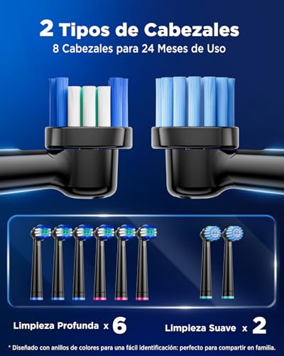 Cepillo de Dientes Eléctrico de Rotación para Adultos - Cepillo Eléctrico 3 Intensidades, 5 Modos, 8 Cabezales, IPX7 Impermeable, Cepillo Dientes Electrico Viaje Recargable, Negro - imagen 6