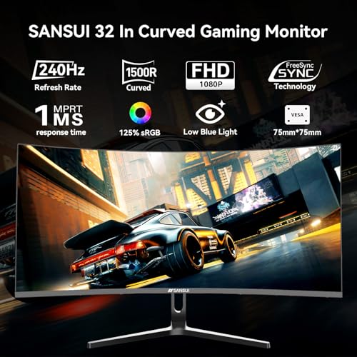 undefined SANSUI 32 Inch Curved 240Hz Gaming Monitor High Refresh Rate, FHD 1080P Gaming PC Monitor HDMI DP1.4, Curved 1500R, 1Ms MPRT, HDR,Metal Stand,VESA Compatible (ES-G32C3F DP Cable Incl.) の商品画像 6
